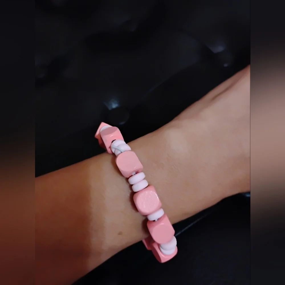 Pink Wooden & Clay Beaded Bracelet Mix Media Stretchy String